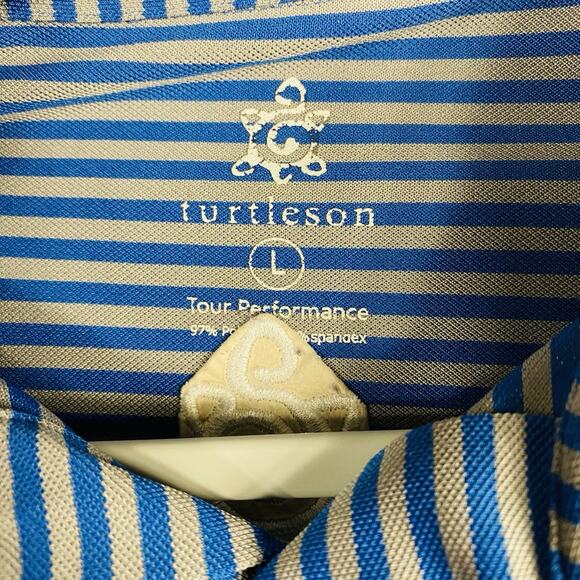 Turtleson Size Large Striped Tour Performance Short Sleeve Polo Shirt Blue Gray - Picture 3 of 4